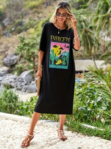 SHEIN VCAY Slogan & Cactus Print Drop Shoulder Tee Dress - Black - View 1