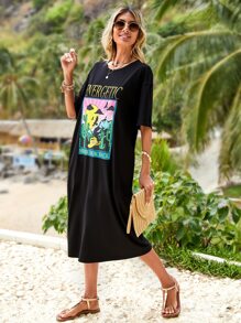 SHEIN VCAY Slogan & Cactus Print Drop Shoulder Tee Dress - Black - View 3
