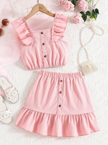 SHEIN Top Y Falda De Chica Adolescente Con Ribete De Volantes - Rosa - Ver 1