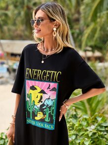 SHEIN VCAY Slogan & Cactus Print Drop Shoulder Tee Dress - Black - View 4