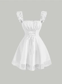 SHEIN MOD Vestido campestre lechera con cordones en la parte delantera, con encaje contrastante y busto fruncido - Blanco - Ver 1