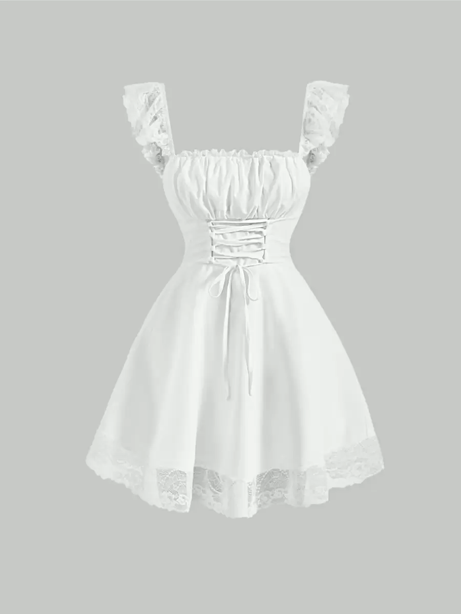 SHEIN MOD Vestido campestre lechera con cordones en la parte delantera, con encaje contrastante y busto fruncido - Blanco - Ver 1