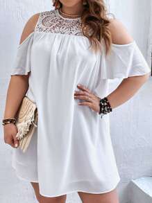 SHEIN VCAY Plus Contrast Guipure Lace Cold Shoulder Dress - White - View 1
