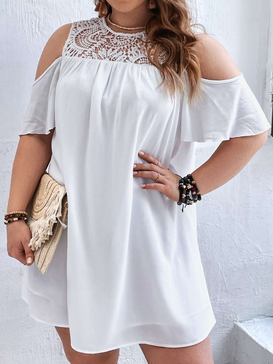 SHEIN VCAY Plus Contrast Guipure Lace Cold Shoulder Dress - White - View 1