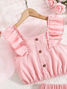 SHEIN Top Y Falda De Chica Adolescente Con Ribete De Volantes - Rosa - Ver 3