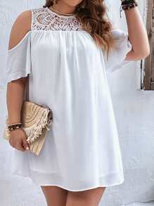 SHEIN VCAY Plus Contrast Guipure Lace Cold Shoulder Dress - White - View 4