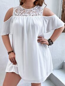 SHEIN VCAY Plus Contrast Guipure Lace Cold Shoulder Dress - White - View 3