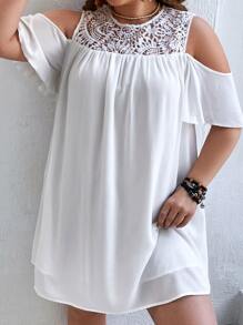 SHEIN VCAY Plus Contrast Guipure Lace Cold Shoulder Dress - White - View 7