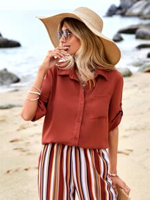 SHEIN VCAY Bộ đồ hai mảnh nữ Túi Nút phía trước Sọc Giải trí - Nhiều màu - Xem 4