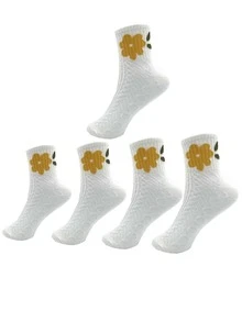 5pairs Floral Pattern Crew Socks - White - View 1