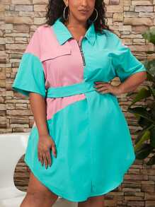SHEIN CURVE+ Plus Two Tone Drop Shoulder Belted Shirt Dress - Mint Blue - View 2