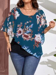 SHEIN LUNE Plus Floral Print Batwing Sleeve Asymmetrical Hem Tee - Blue - View 1