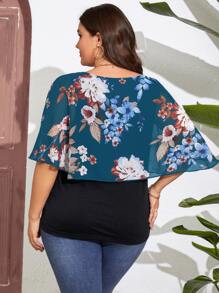 SHEIN LUNE Plus Floral Print Batwing Sleeve Asymmetrical Hem Tee - Blue - View 2