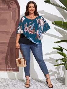 SHEIN LUNE Plus Floral Print Batwing Sleeve Asymmetrical Hem Tee - Blue - View 3
