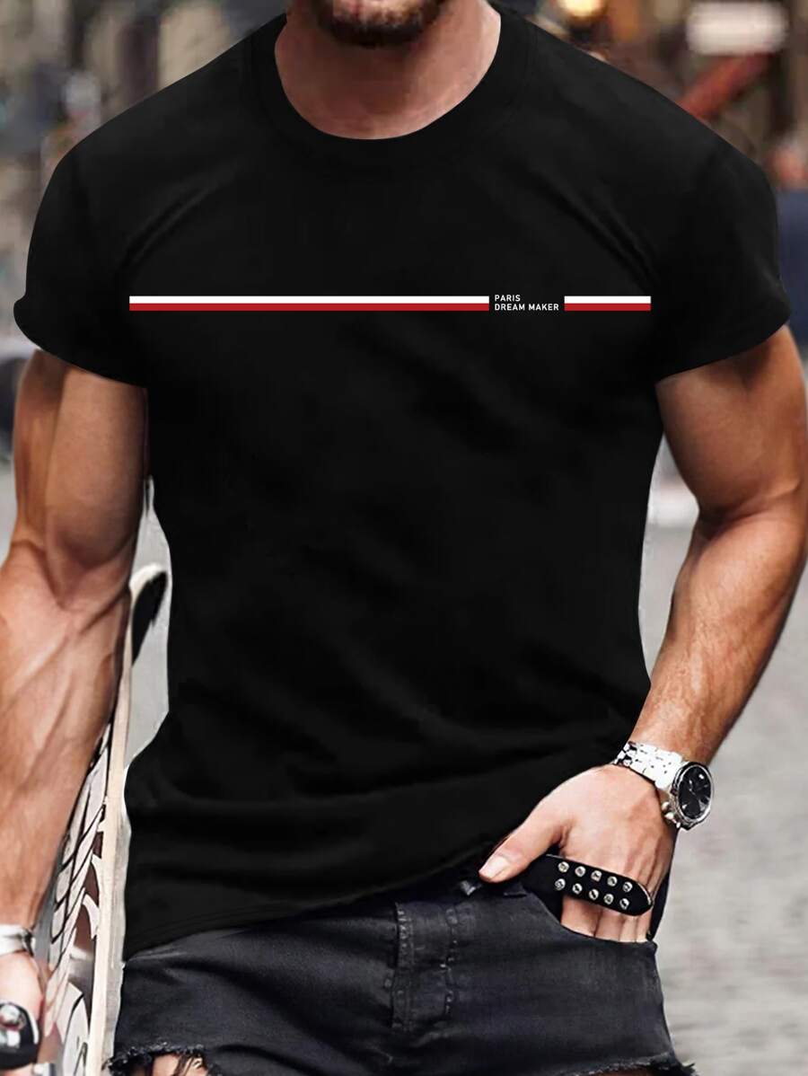 Manfinity Homme Men T-Shirts Fit Crew Neck Short Sleeve Graphic Tee Paris Casual Summer Polyester - Black - View 1