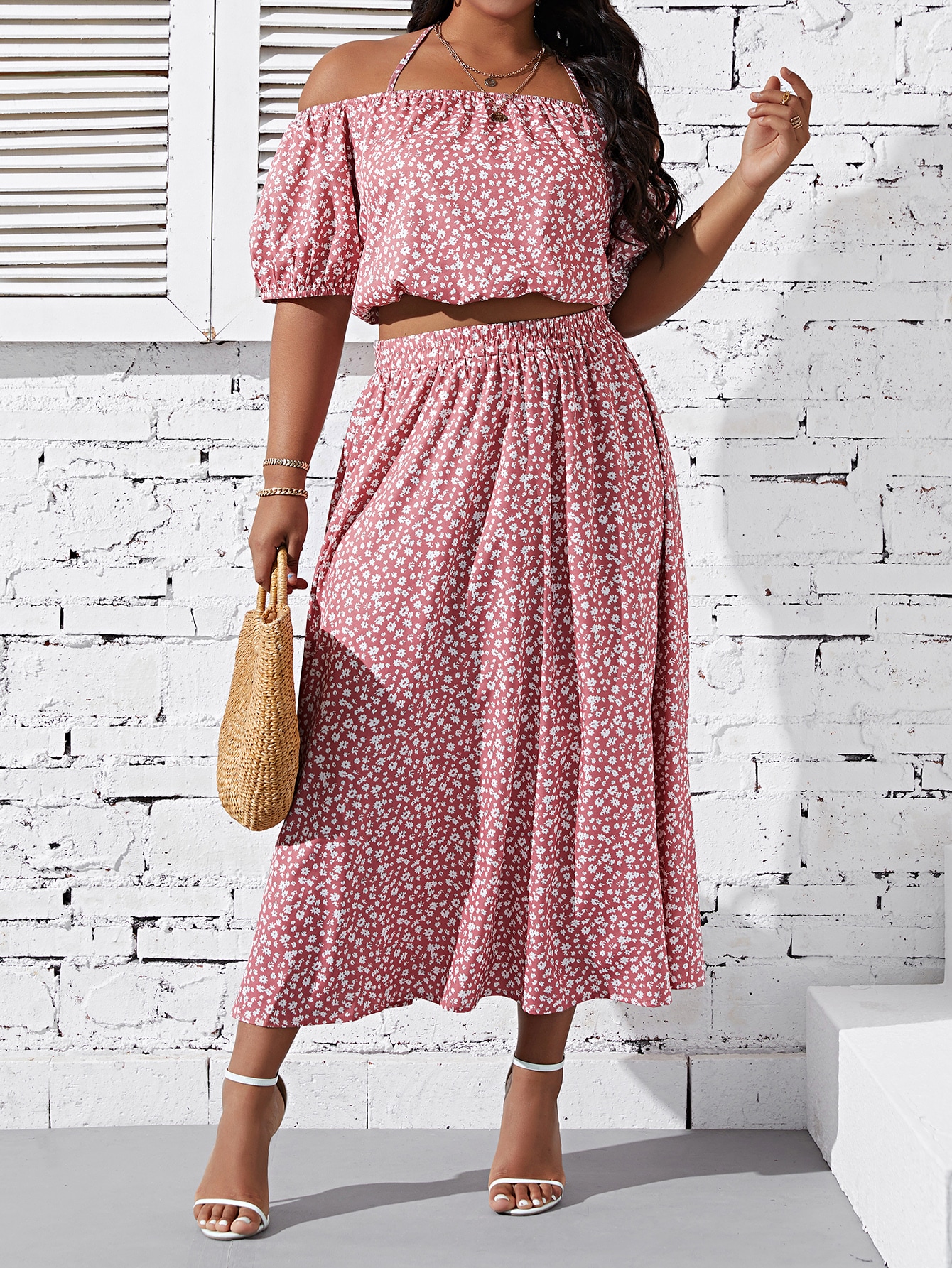 SHEIN VCAY Plus Ditsy Floral Off Shoulder Top & Skirt | SHEIN USA