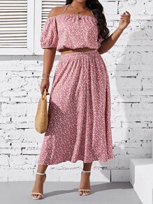 SHEIN Holidaya Plus Ditsy Floral Off Shoulder Top & Skirt - Pink - View 1