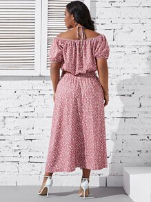 SHEIN Holidaya Plus Ditsy Floral Off Shoulder Top & Skirt - Pink - View 2