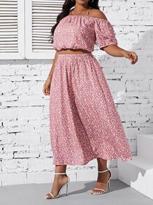 SHEIN Holidaya Plus Ditsy Floral Off Shoulder Top & Skirt - Pink - View 4