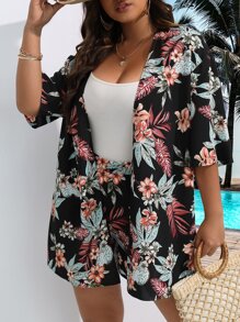 SHEIN LUNE Plus Tropical Print Kimono & Shorts - Multicolor - View 3