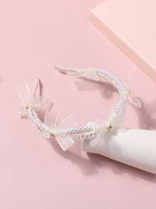 1件装女童珍珠蝴蝶结休闲百搭发带，返校时尚发饰 - 米色 - 查看 2