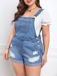 SHEIN Frenchy Mono overol mezclilla desgarro bajo de doblez sin top - Lavado ligero - Ver 5