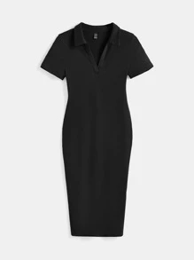 SHEIN BASICS Vestido De Punto Acanalado Sólido Con Diseño ajustado - Negro - Ver 7