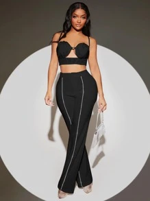 SHEIN SXY Contrast Piping Suit Pants - Black - View 3