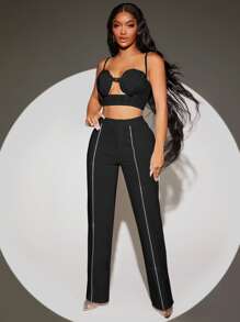 SHEIN SXY Contrast Piping Suit Pants - Black - View 4
