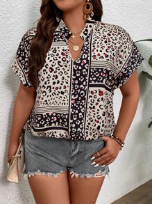 SHEIN LUNE Plus Leopard Print Notched Neck Batwing Sleeve Blouse - Khaki - View 1