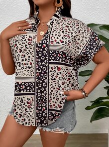 SHEIN LUNE Plus Leopard Print Notched Neck Batwing Sleeve Blouse - Khaki - View 3