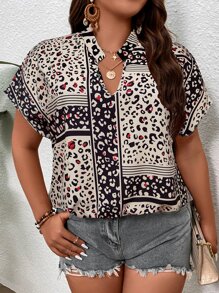 SHEIN LUNE Plus Leopard Print Notched Neck Batwing Sleeve Blouse - Khaki - View 5