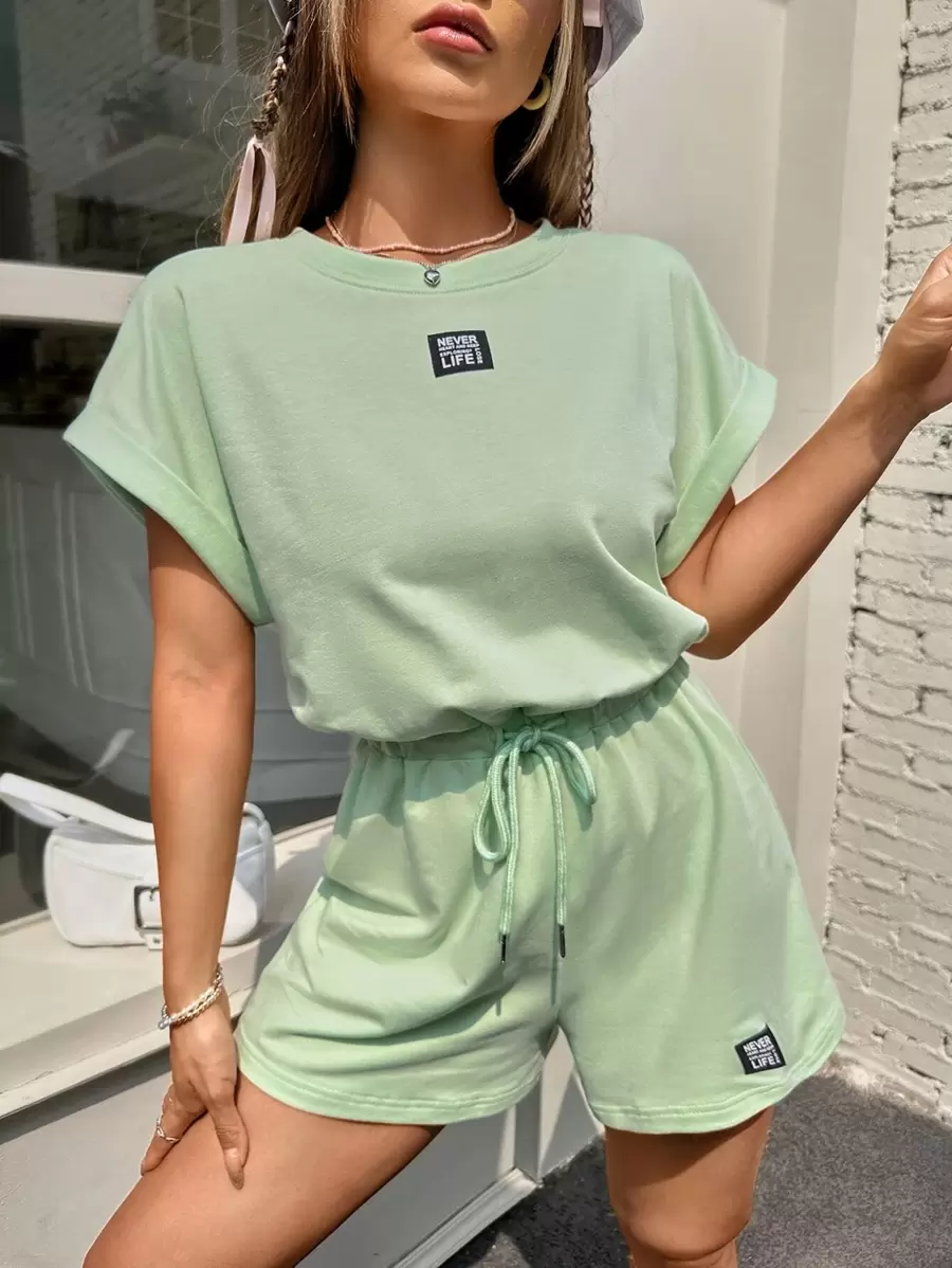 SHEIN EZwear Combishort à applique lettre à manches chauve-souris à nœud - Vert menthe - Voir 1