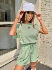 SHEIN EZwear Combishort à applique lettre à manches chauve-souris à nœud - Vert menthe - Voir 3