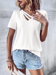 SHEIN LUNE Áo thun nữ Cắt ra màu trơn Giải trí - trắng - Xem 1
