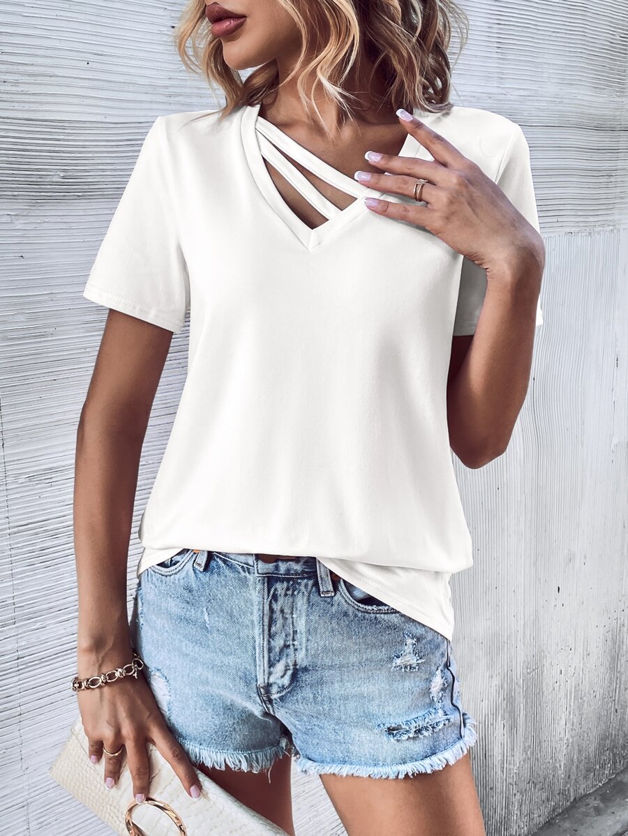 SHEIN LUNE Áo thun nữ Cắt ra màu trơn Giải trí - trắng - Xem 1