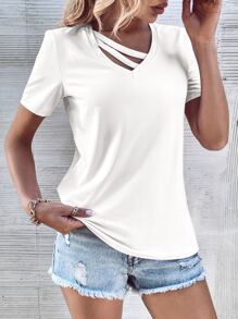 SHEIN LUNE Áo thun nữ Cắt ra màu trơn Giải trí - trắng - Xem 5