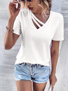 SHEIN LUNE Áo thun nữ Cắt ra màu trơn Giải trí - trắng - Xem 6