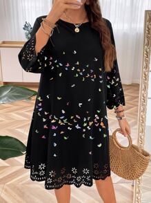 SHEIN LUNE Plus Butterfly Print Laser Cut Scallop Trim Dress - Black - View 4