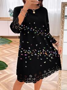 SHEIN LUNE Plus Butterfly Print Laser Cut Scallop Trim Dress - Black - View 5