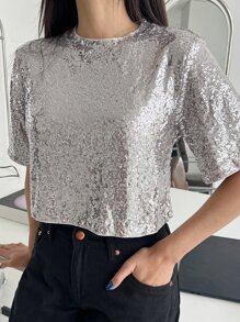 DAZY Áo thun nữ màu trơn Buổi tiệc - Bạc - Xem 4