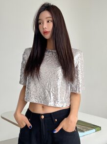 DAZY Áo thun nữ màu trơn Buổi tiệc - Bạc - Xem 5