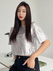 DAZY Áo thun nữ màu trơn Buổi tiệc - Bạc - Xem 6