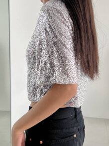 DAZY Áo thun nữ màu trơn Buổi tiệc - Bạc - Xem 8