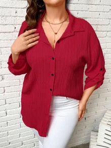 SHEIN LUNE Camisa de hombros caídos con botón delantero - Rojo - Ver 3