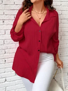 SHEIN LUNE Camisa de hombros caídos con botón delantero - Rojo - Ver 4