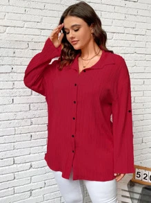 SHEIN LUNE Camisa de hombros caídos con botón delantero - Rojo - Ver 5