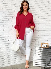 SHEIN LUNE Camisa de hombros caídos con botón delantero - Rojo - Ver 6