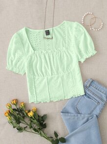 Soleia Square Neck Ruched Bust Frill Trim Schiffy Tee - Mint Green - View 1