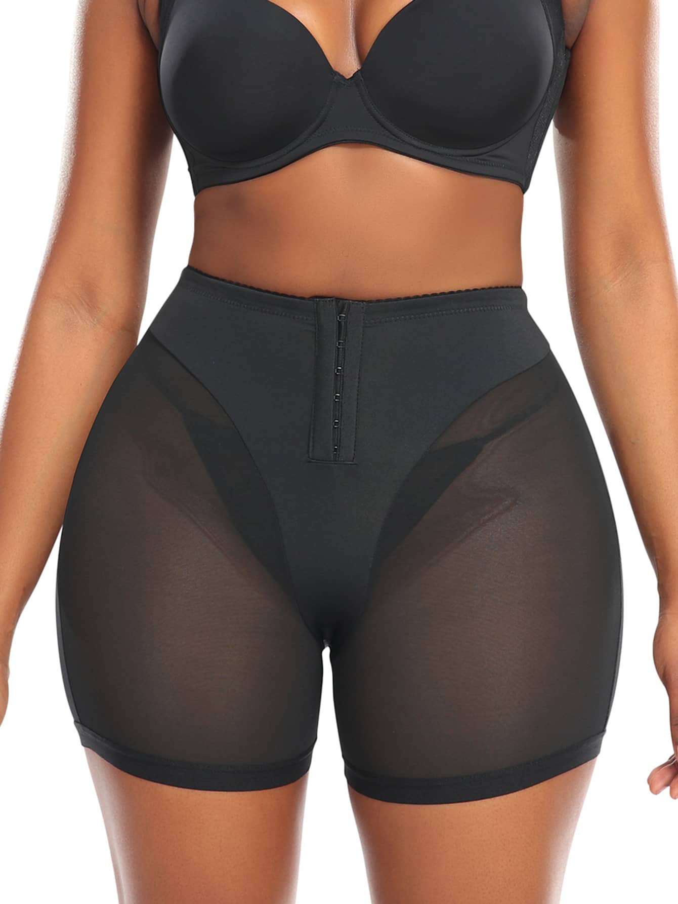 Women's Casual Comfy Black Long Shapewear Shorts With Contrast Mesh For Workout